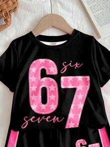 SHEIN 2件套女童休闲可爱67号星形蝴蝶结印花短袖上衣和短裤套装，适合夏季穿着 - 彩色 - 查看 4
