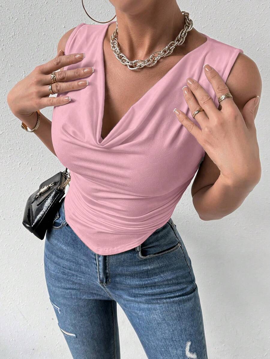 Rafferiza Pink Cowl Neck Ruched Sleeveless Regular Hem Tank Top For Women - Pink - View 1