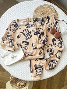 Playful Pals 男童秋季动物印花长袖卫衣和裤子套装 - 卡其色 - 查看 3