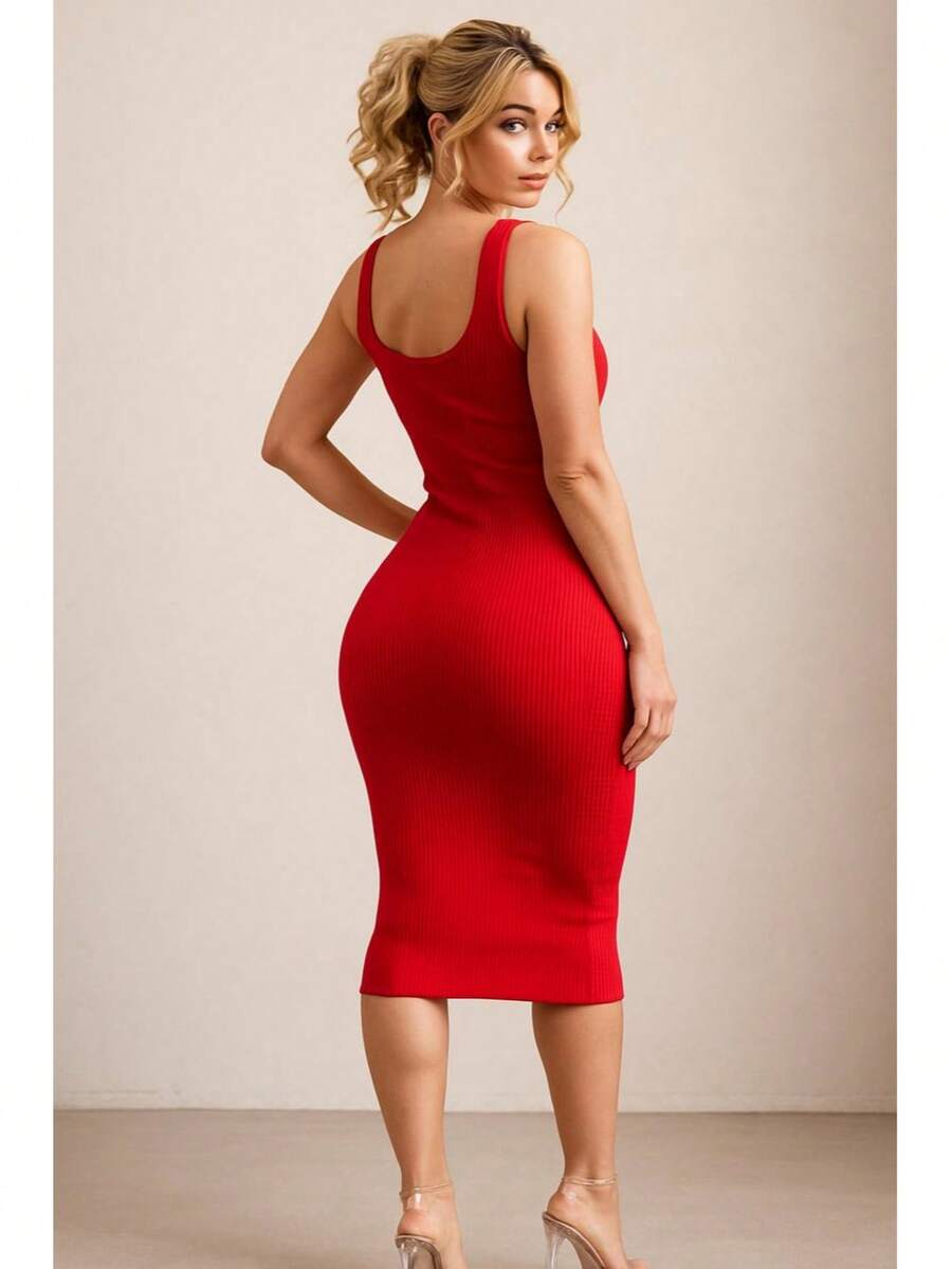 Vestido Sexy Dama Premium Vestido Entallado Vestido Botones Frontales Abertura Elegante Vestido Tirantes Vestido Ajustable Vestido Con Botones - rojo - Ver 1