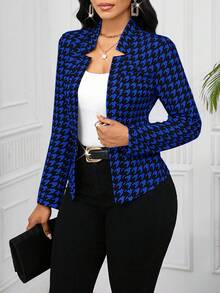 SHEIN Lady 女士优雅职场千鸟格印花开襟薄款西装外套 女士优雅通勤休闲经典黑白撞色格纹修身西装外套 四季皆宜 秋季服装 - 藏蓝色 - 查看 1