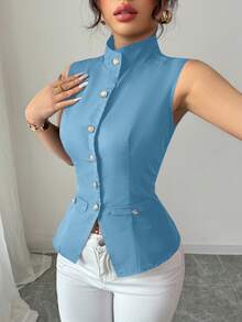 Selianne Vintage Style Front Center Decorative Button Women Sleeveless Shirt - Dusty Blue - View 4
