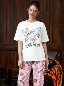 HARRY POTTER X SHEIN Women's Summer Round Neck Short-Sleeved Loose Owl Hedwig Printed T-Shirt And Trousers Pajama Set, Comfortable And Casual Summer At Home - Pink - View 6