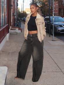 Jeanoix Women's Y2K Retro Fashion Casual Furry Collar Washed Denim Jacket, Autumn/Winter - Apricot - View 5