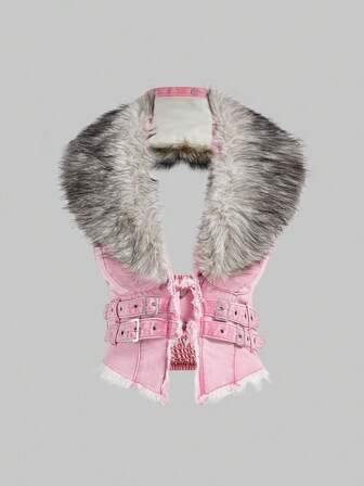 Hippie Giacca di jeans da donna con colletto in pelliccia finta rimovibile, stile Y2K