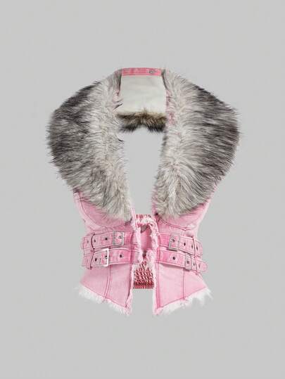 Hippie Y2K Removable Faux Fur Collar Denim Jacket For Women