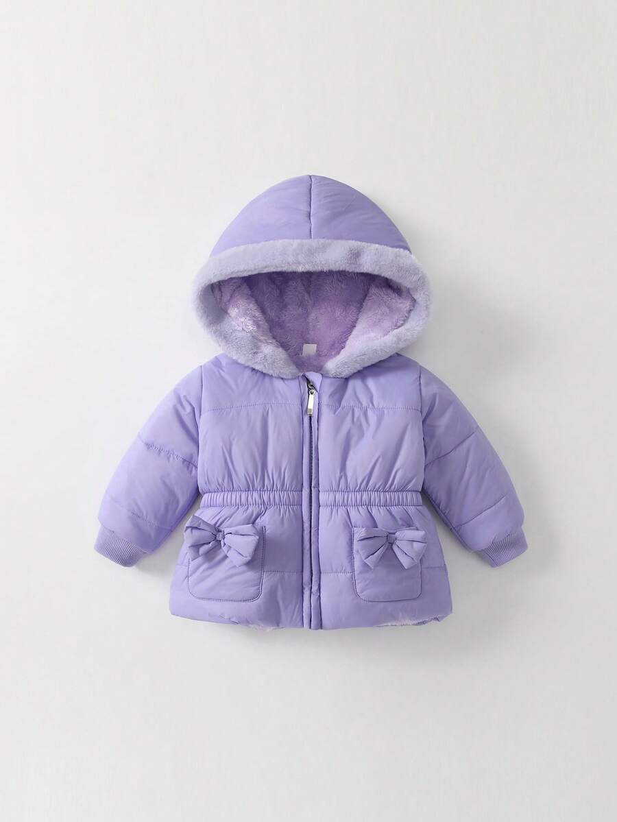 SHEIN Playful Pals Chaqueta acolchada con capucha con cierre de cremallera, forro de peluche, bolsillo con lazo y cintura ceñida para bebés y niños pequeños, abrigo con capucha de invierno
