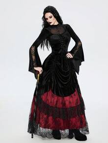 Breakform Áo croptop nữ phong cách Gothic gợi cảm, chất liệu nhung xuyên thấu, viền ren, cổ khoét, dây chun, nơ, tay chuông, điểm nhấn ren, dáng ôm – Áo kiểu ma cà rồng, áo đen, áo phù thủy, tay chuông. - màu đen - Xem 3