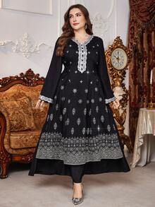 Al Najma Plus Size Women's Turkish Style Long Sleeve Maxi Dress, Beaded Embroidered Tie Waist Floral Lace Trim Arabian Traditional Kaftan - Black - View 6