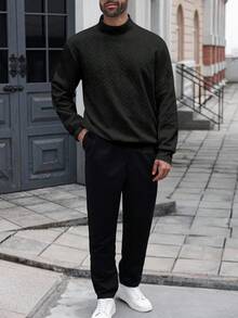 Manfinity Homme 加大码男士提花立领休闲套头卫衣，适合日常通勤穿着 - 黑色 - 查看 4