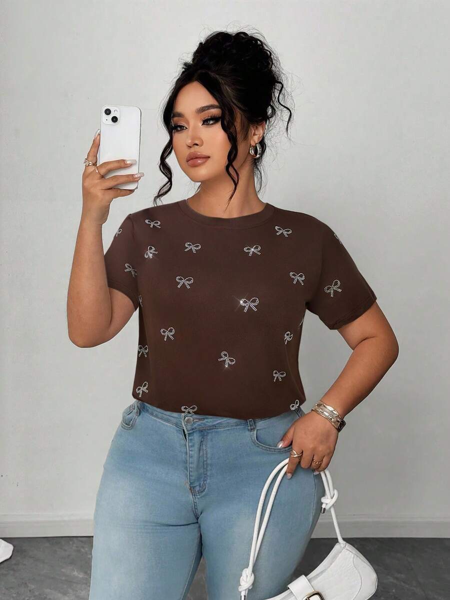 Elenzga Plus Size Women's Short Sleeve Rhinestone Embellished Bow Graphic T-Shirt - Brown - View 1