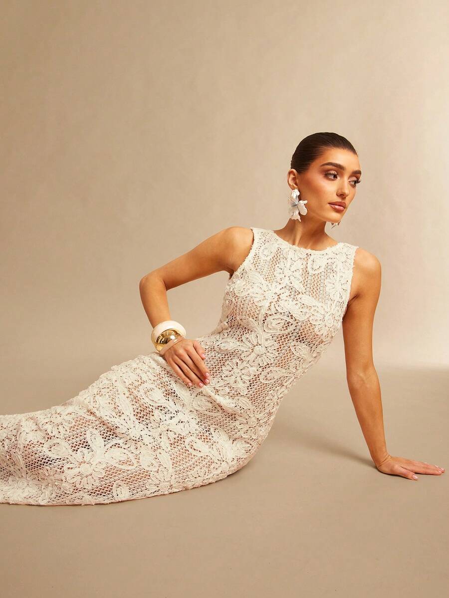 Silquee Vestido de malla transparente de punto jacquard para mujer, primavera/verano - Blanco - Ver 1