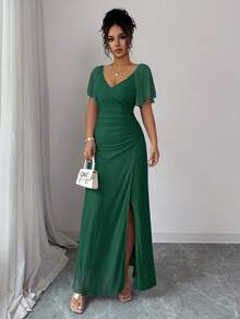 Elenzga 女士浅紫色V领荷叶袖褶裥开衩连衣裙，优雅伴娘礼服，派对礼服，春夏款 - 墨綠色 - 查看 5