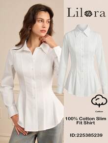 Lilora Women's Casual Elegant Solid Color Waist Shirt Winter Clothes For Women Clothes For New Year Fitted Waist Long-Sleeved Commuter Shirt - White - View 3