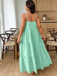 SHEIN Clasi 大码女士度假休闲圆领贝壳装饰A字吊带裙 - 綠色 - 查看 2