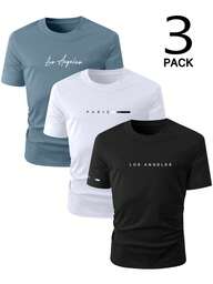 Manfinity Homme Set de 3 camisetas de manga corta de cuello redondo con estampado de lema de Los Ángeles y París, de estilo minimalista casual para hombres
