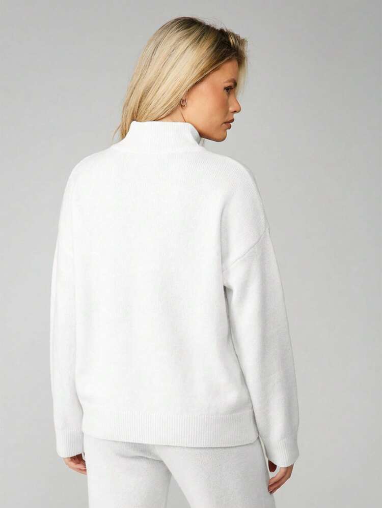 MISSGUIDED Oversized Quarter Zip Pullover Sweater With Logo Detail Winter Knit Jumper High Neck Ribbed Cuffs Cozy Loungewear