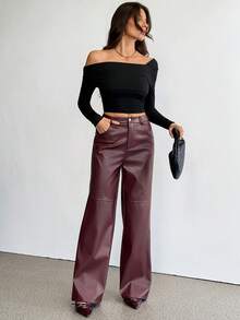 SHEIN Tall Burgundy Solid PU Leather Straight Leg Pants, Suitable For Christmas, New Year, Valentine's Day, Autumn/Winter, Party, Date Night - Burgundy - View 4