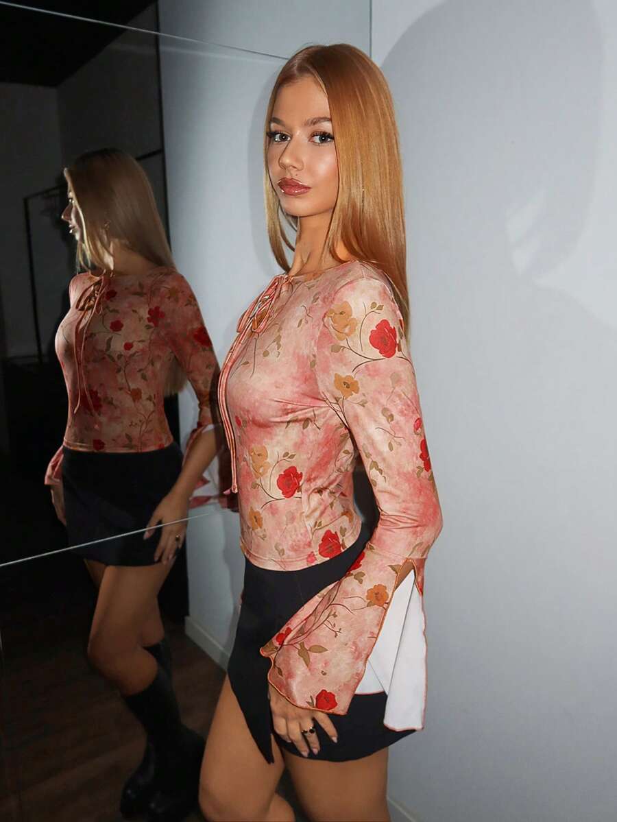 EgrlEra Women's Sexy Bombshell Print Knit Fabric Tie-Up Design V-Neck Flare Sleeve T-Shirt