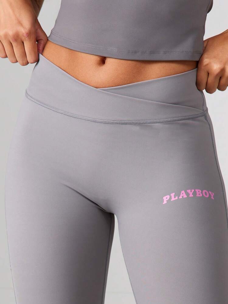 Missguided x Playboy High Waisted Sports Leggings For Women With Ruched Bum Detail And Logo Print - Active Yoga Fitness Tights