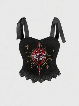 Damen Große Größen Gothic Dunkelherz Stickerei Samt Spitze Schleife Crop Top