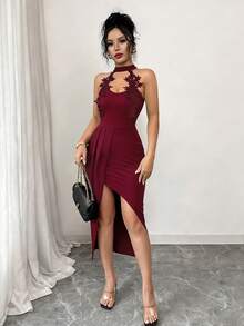 Elenzga Đầm Maxi Bodycon xẻ tà cao cổ chữ V phối ren thanh lịch dành cho nữ, thích hợp mặc đi nghỉ, hẹn hò, tụ tập hàng ngày và dự tiệc, mùa Xuân/Hè - Màu Đỏ Sâu - Xem 6