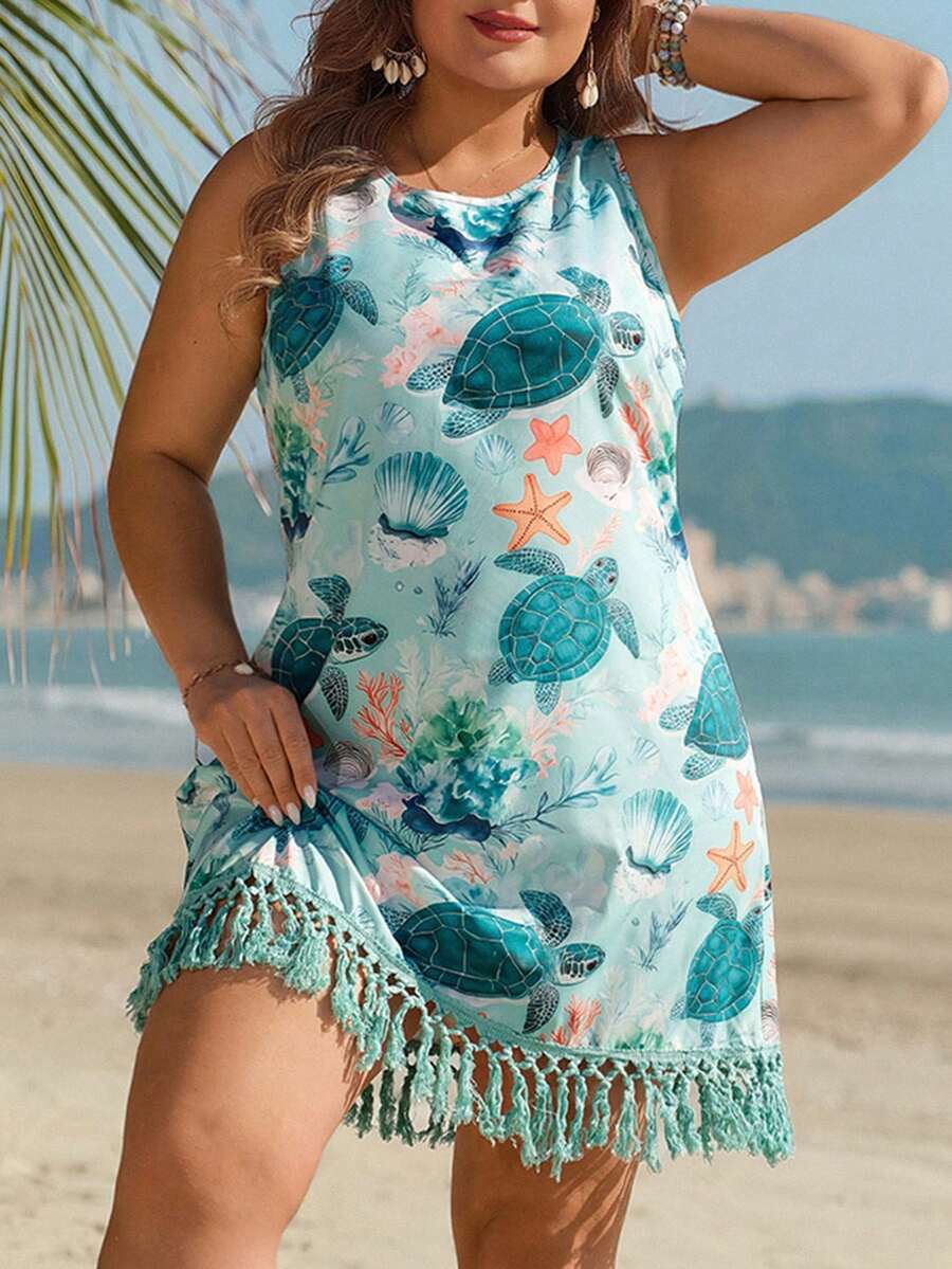 Swim Lushoire Áo choàng không tay in họa tiết sinh vật biển cỡ lớn cho nữ - Nhiều màu - Xem 1