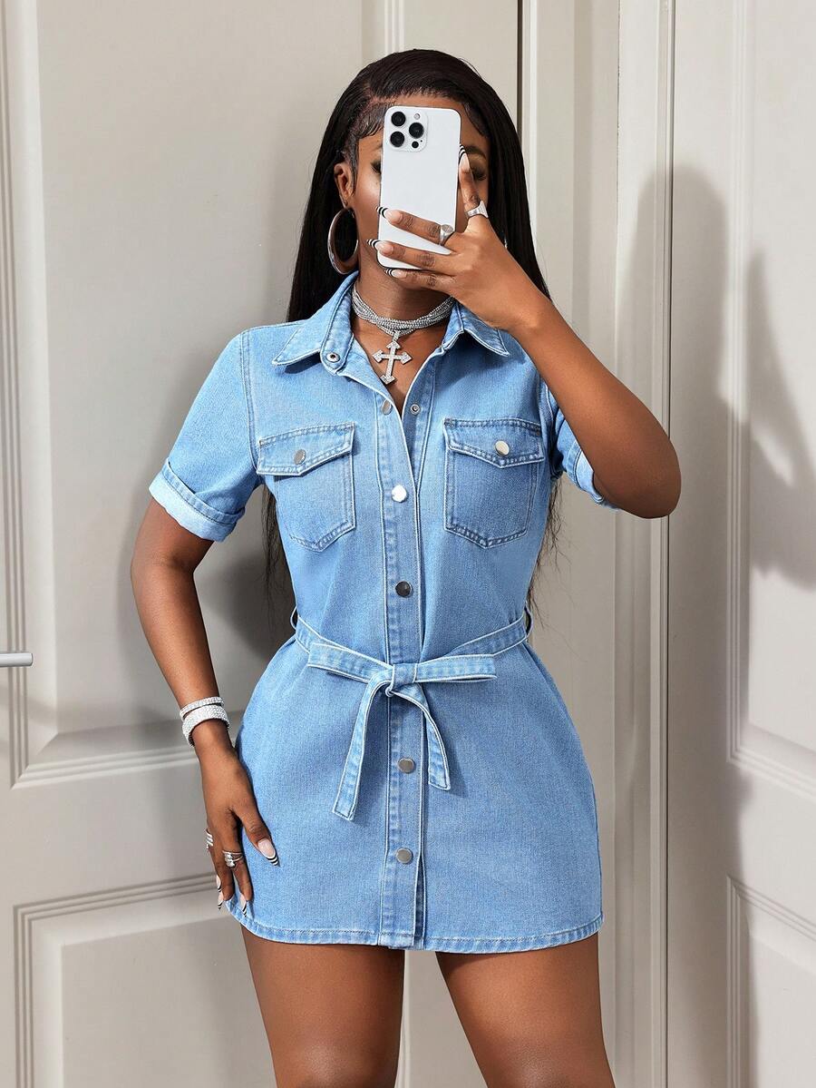 BamGleam Women's Fashionable Single-Breasted Waist Belt Denim Dress - Light Wash - View 1