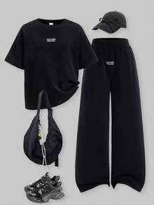 SHEIN ChillGRL 两件套少女宽松休闲运动纹理面料标签设计圆领上衣和阔腿裤套装，适合日常通勤、休闲、度假、朋友聚会、街头风格。 - 黑色 - 查看 1