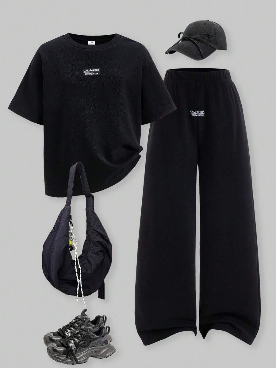 SHEIN ChillGRL 两件套少女宽松休闲运动纹理面料标签设计圆领上衣和阔腿裤套装，适合日常通勤、休闲、度假、朋友聚会、街头风格。 - 黑色 - 查看 1