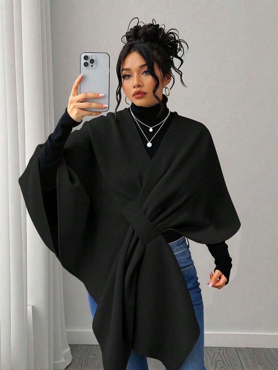 Elenzga Áo khoác len liền thân thời trang màu trơn cỡ lớn, mùa đông - màu đen - Xem 1