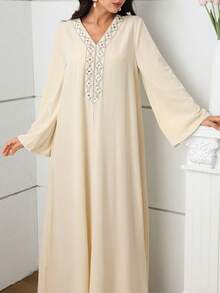 Al Najma 优雅刺绣长袖土耳其和阿拉伯传统女式长裙 - 黃色 - 查看 6