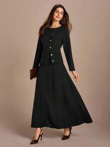 Women, Autumnn, Long Sleeve, Two Set, Top, Skirt, Split, - Black - View 4