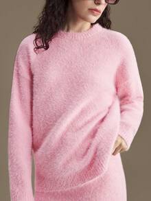 Ontre 1 conjunto feminino de malha solta, manga raglan, gola redonda, blusa e saia de cintura média, traje elegante, urbano, casual, moda de aeroporto de alta qualidade, essencial para Natal e Ano Novo - Baby Rosa - Ver 4