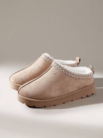 Solecia Women's Fashionable & Comfortable Thick Sole Faux Thermal Lined Snow Boots, Warm Knitted Trim Slip-On Slippers For Indoor & Outdoor Wear For Christmas