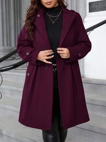 Ellevyn Plus Size Women's Solid Color Long Sleeve Double-Breasted Pleated Design Hooded Overcoat, Autumn/Winter - Purple - View 5