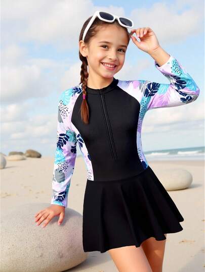 SHEIN 少女连体防晒泳衣，热带植物印花，拉链设计，沙滩度假泳装