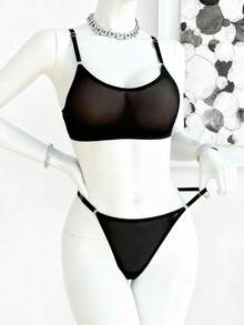 SHEIN 2pcs Sheer Mesh Bra And Panties Set, Sexy Transparent Lingerie Set For Large Bust