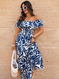 Travachic 女士热带植物印花荷叶边露肩连衣裙，时尚假日连衣裙
