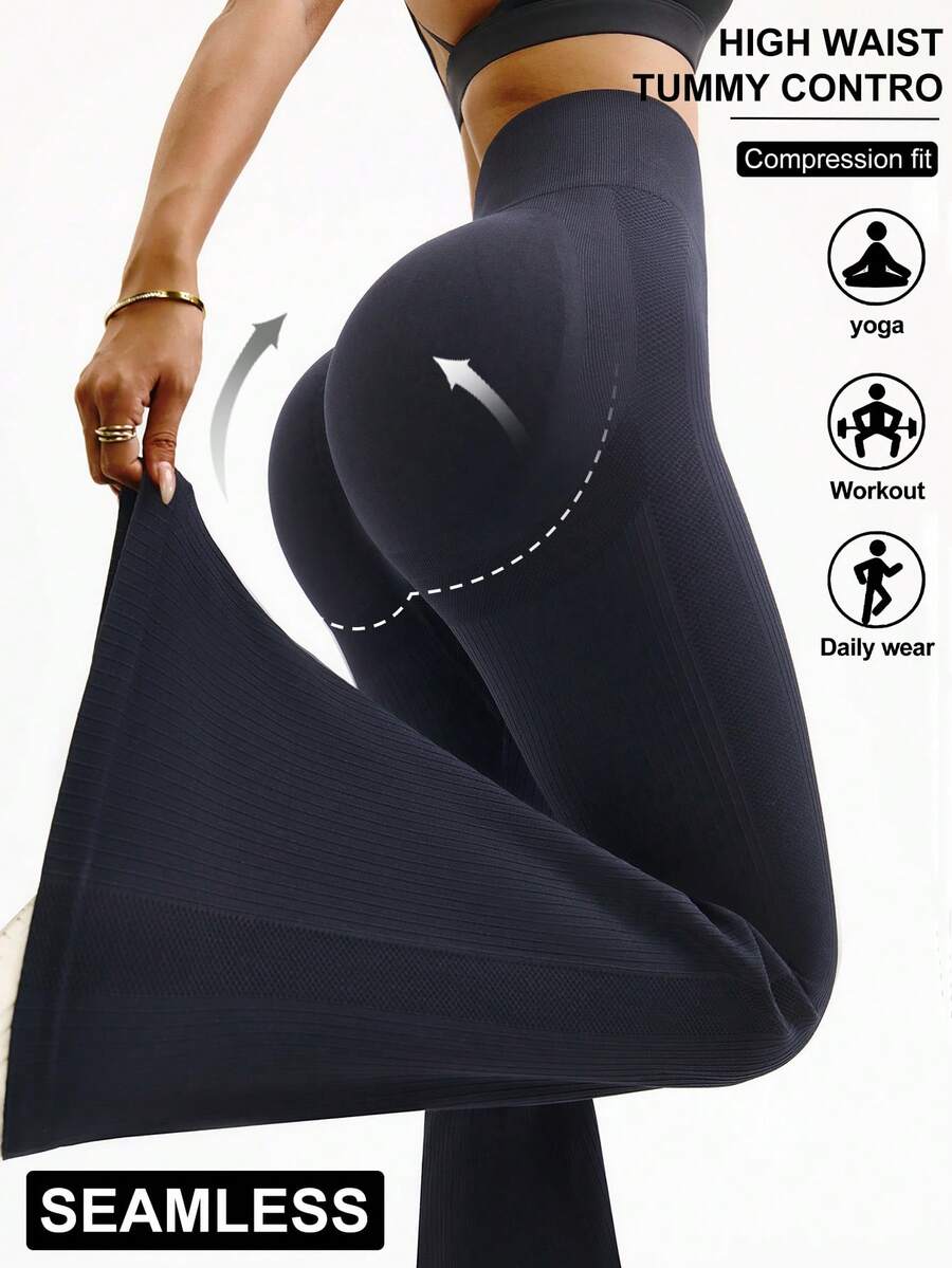 Rhythm Era Plus Size Women High Waist Solid Color Slim Fit Breathable Yoga Leggings & Pants - Black - View 1