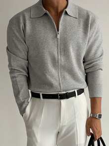 DAZY Áo len cardigan nam màu xám cổ bẻ, mùa thu - Xám - Xem 1