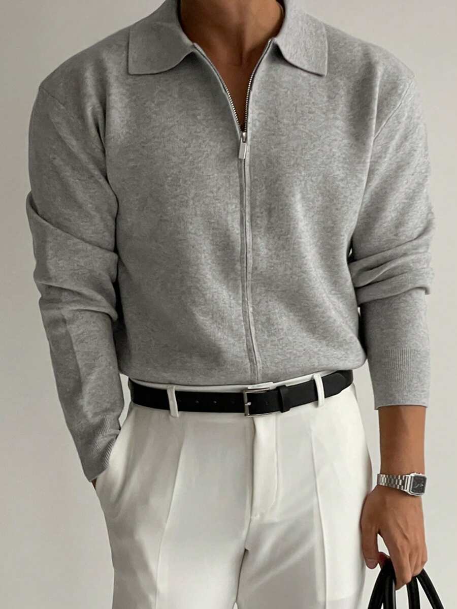 DAZY Áo len cardigan nam màu xám cổ bẻ, mùa thu - Xám - Xem 1