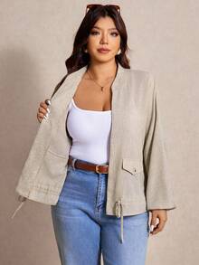 Elaquor Plus Size Solid Color Drop Shoulder Long Sleeve Loose Drawstring Jacket - Apricot - View 3