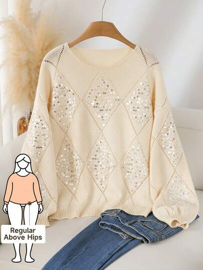 CosyJoli Plus Size Women Crew Neck Drop Shoulder Long Sleeve Hollow Out Silver Sequin Pullover Sweater