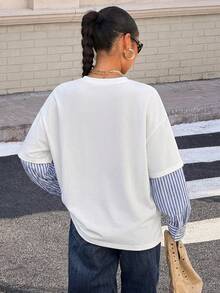 Muchica Women's New 2 In 1 Round Neck Loose Long Sleeve T-Shirt, Casual Clothes, Layering Pieces - White - View 2