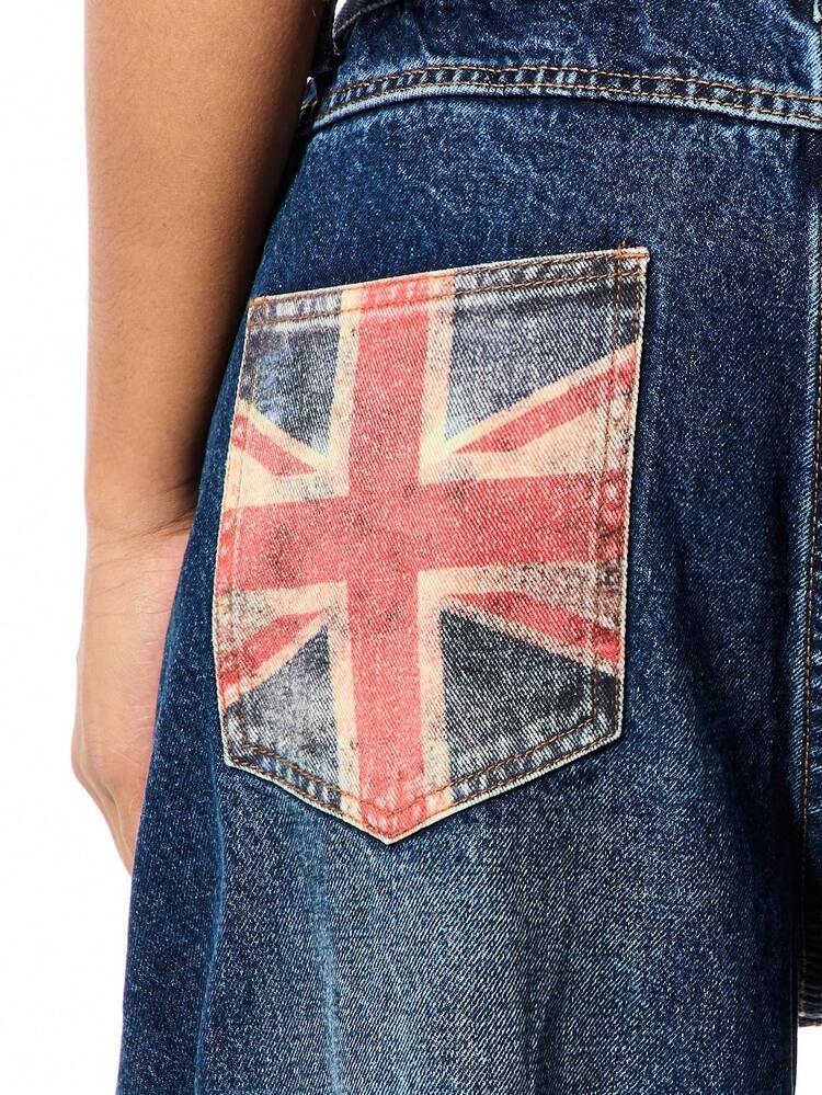 SUMWON Union Jack Flag Grunge Print High Rise Wide Leg Baggy Denim Jeans With British London Design