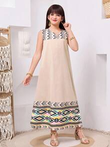 Tween Girl Beige Autumn Family Matching Jacquard Striped Ribbon Splice Mesh Jacket And Loose Fit Retro Print Maxi Dress Set,Arabic Abaya Dress Girls - Beige - View 8