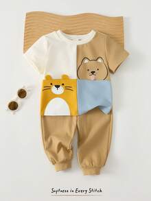 Cozy Pixies Conjunto de 2 peças para bebê menino com estampa de animais de desenho animado, composto por camiseta de manga curta com gola redonda e calça com elástico na cintura. - Caqui - Ver 8