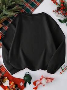 Sudadera femenina mujer casual estampado cuello redondo manga larga pino arbolito estrella letras tipo bordado navidad diseño divertido tela gruesa holgada otoño invierno para fiestas casa calle escuela cool tejido brillos cuernos - Negro - Ver 2