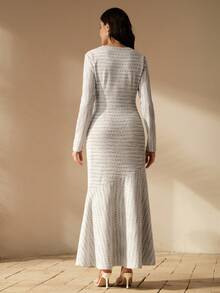 Anewsta Đầm Maxi Ôm Body Cổ Tròn Tay Dài Sọc Lấp Lánh Thanh Lịch Cho Nữ, Thích Hợp Cho Giáng Sinh, Xuân/Thu - Đen và trắng - Xem 2